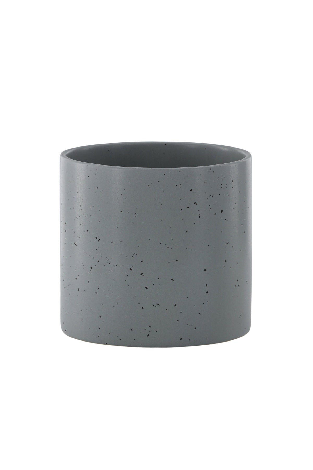 Schwarz-dunkelgraue Vase Sane aus Steinzeug mit gepunktetem Muster, rundlicher Form, Durchmesser 11 cm und Höhe 10 cm.
