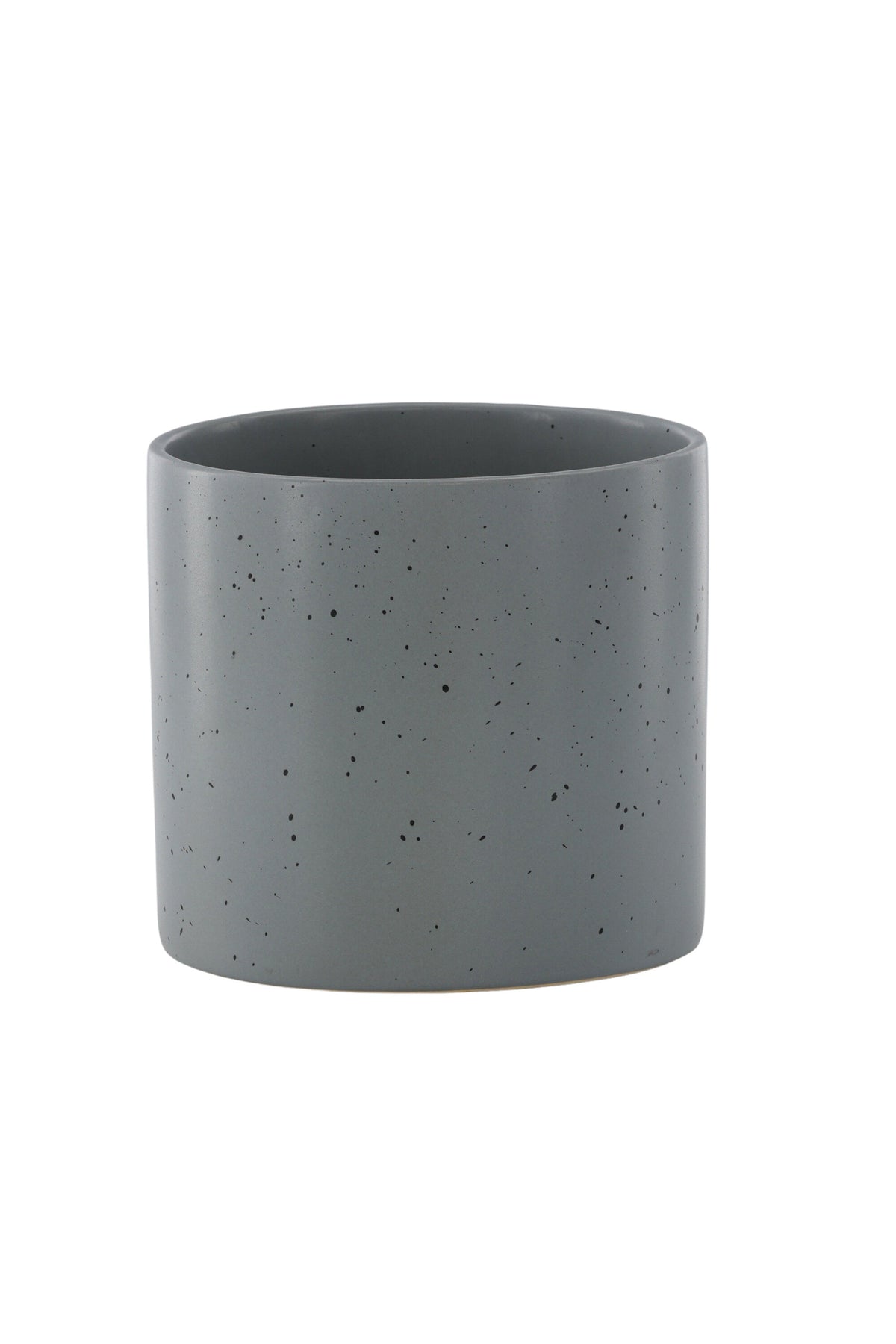 Schwarz-dunkelgraue Vase Sane aus Steinzeug mit gepunktetem Muster, rundlicher Form, Durchmesser 11 cm und Höhe 10 cm.
