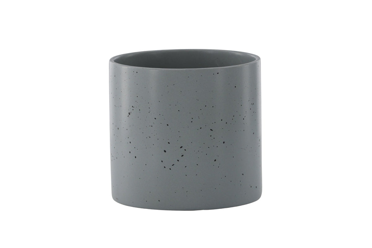 Schwarz-dunkelgraue Vase Sane aus Steinzeug mit gepunktetem Muster, rundlicher Form, Durchmesser 11 cm und Höhe 10 cm.