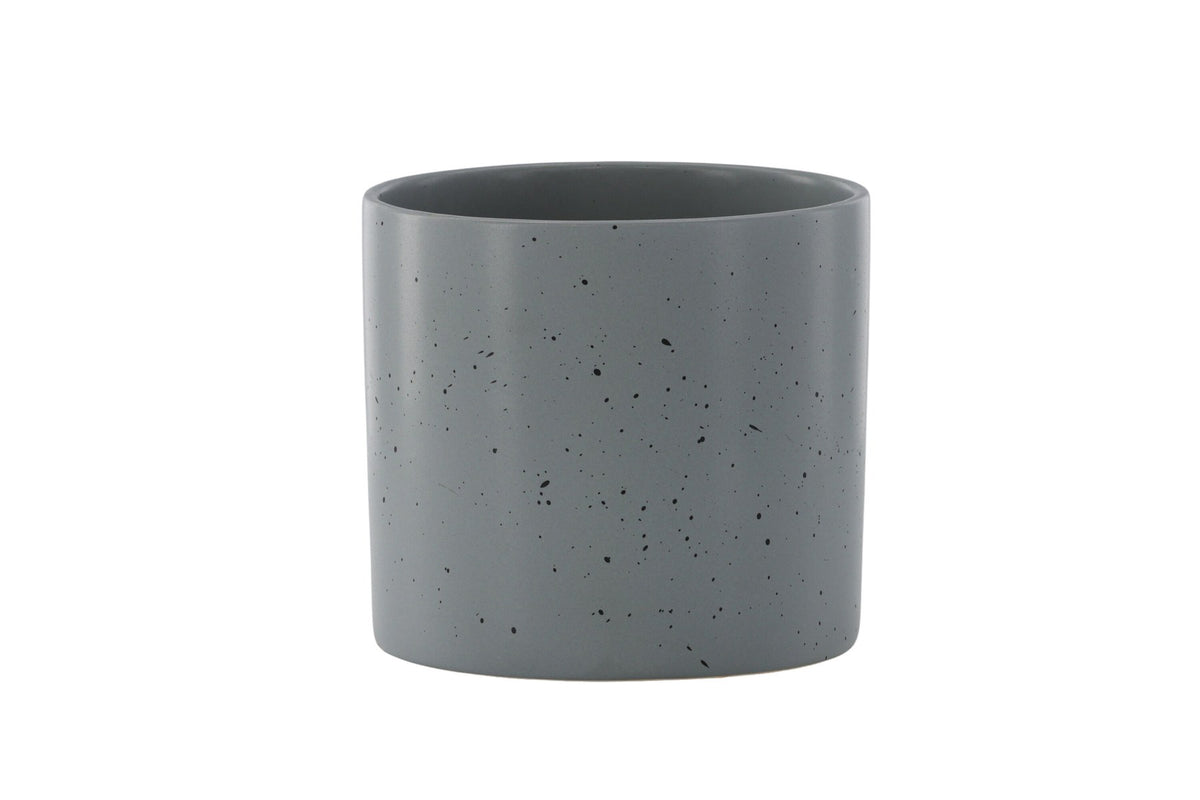 Schwarz-dunkelgraue Vase Sane aus Steinzeug mit gepunktetem Muster, rundlicher Form, Durchmesser 11 cm und Höhe 10 cm.
