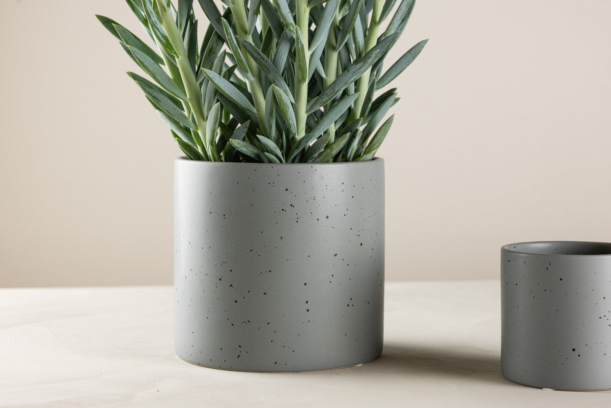 Schwarz-dunkelgraue Vase Sane aus Steinzeug mit gepunktetem Muster, rundlicher Form, Durchmesser 11 cm und Höhe 10 cm.