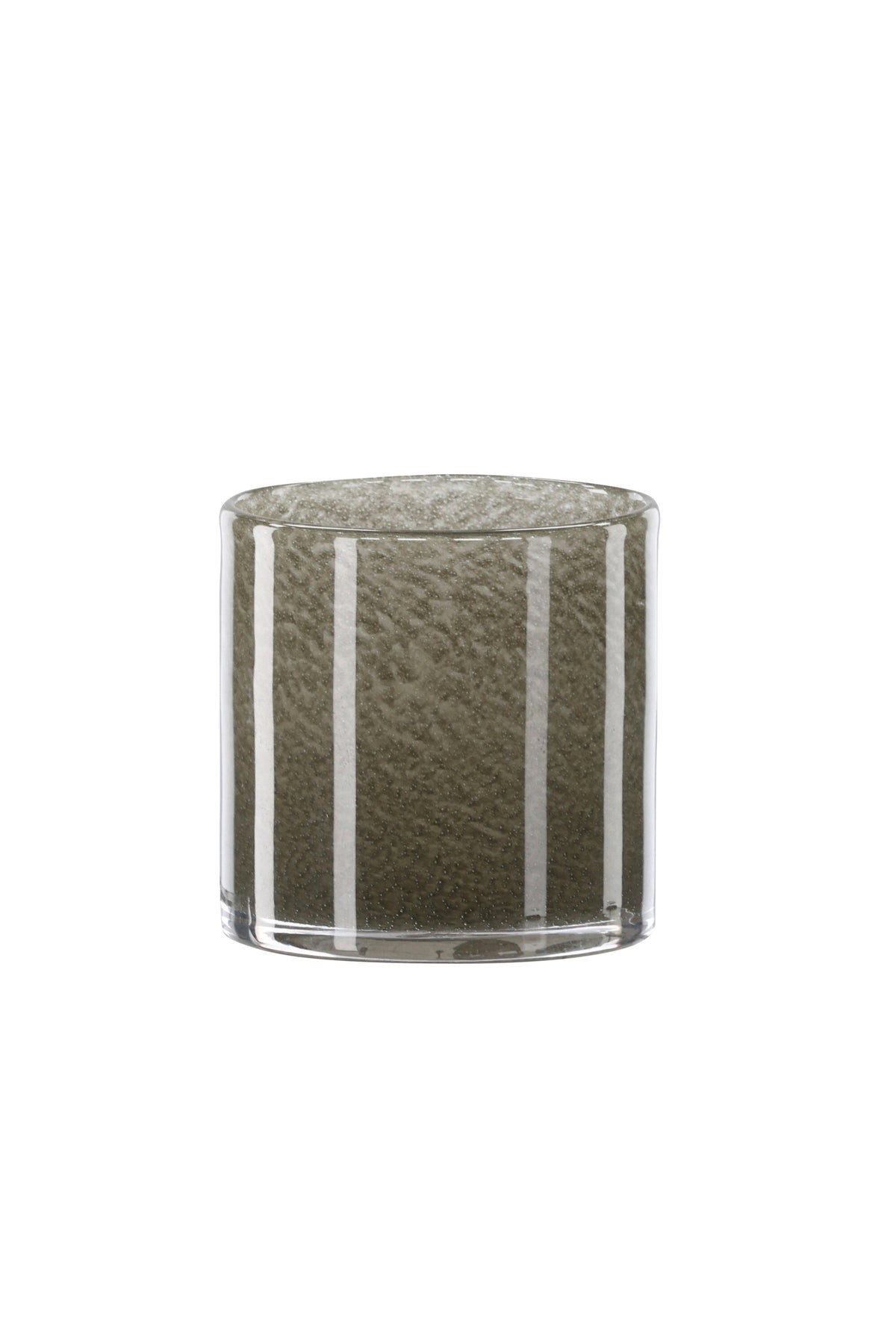 Weisser runder Teelichthalter Glora aus Glas, Durchmesser 8 cm, Höhe 8 cm, schlichte, transparente Oberfläche mit dünner Wandstärke.