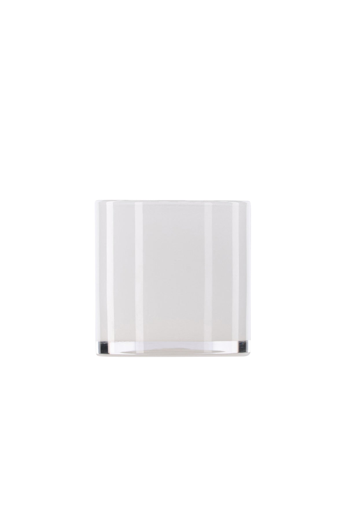 Weisser runder Teelichthalter Glora aus Glas, Durchmesser 8 cm, Höhe 8 cm, schlichte, transparente Oberfläche mit dünner Wandstärke.