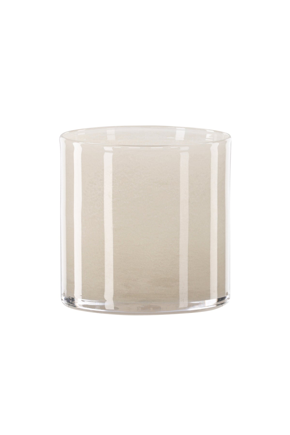 Weisser runder Teelichthalter Glora aus Glas, Durchmesser 8 cm, Höhe 8 cm, schlichte, transparente Oberfläche mit dünner Wandstärke.