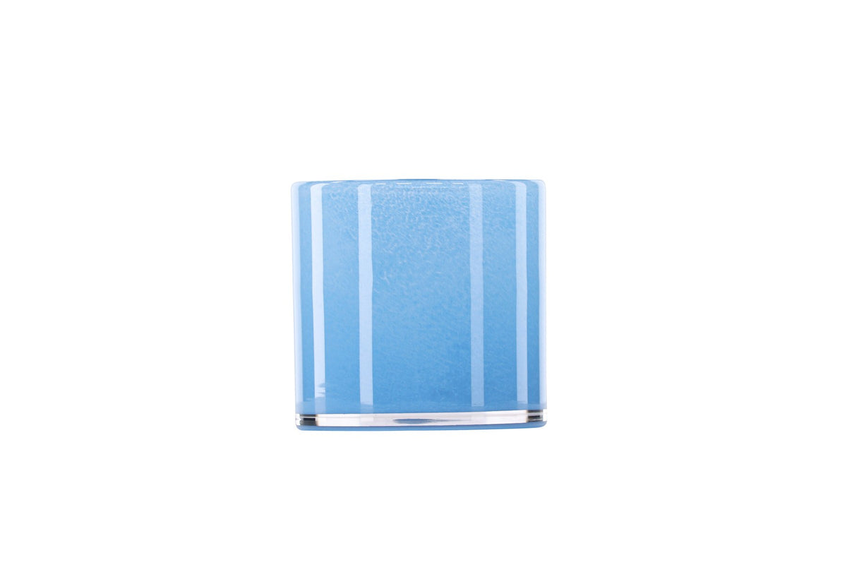 Weisser runder Teelichthalter Glora aus Glas, Durchmesser 8 cm, Höhe 8 cm, schlichte, transparente Oberfläche mit dünner Wandstärke.