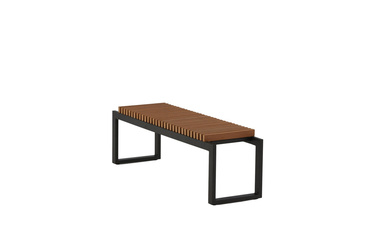 Gartenbank Athena von Venture Home mit schwarzem Aluminiumgestell und gerippter Sitzfläche aus braunem Aintwood, Outdoor-Design.