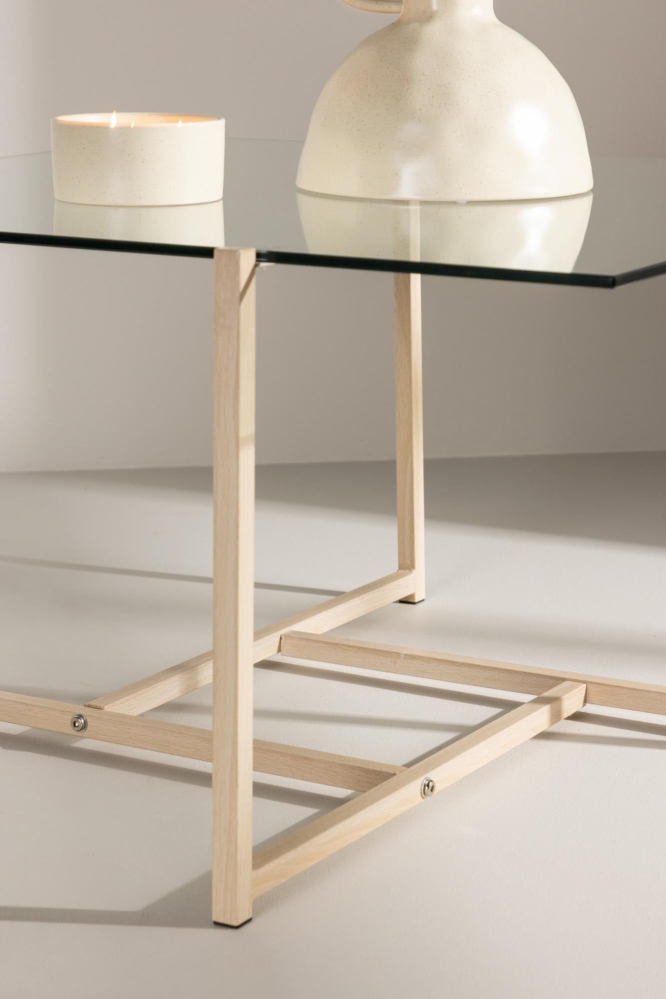 Der Hybrid Sofatisch: Stilvoller Mittelpunkt mit Glasplatte und Stahlrahmen in Holzoptik, 80x80 cm.