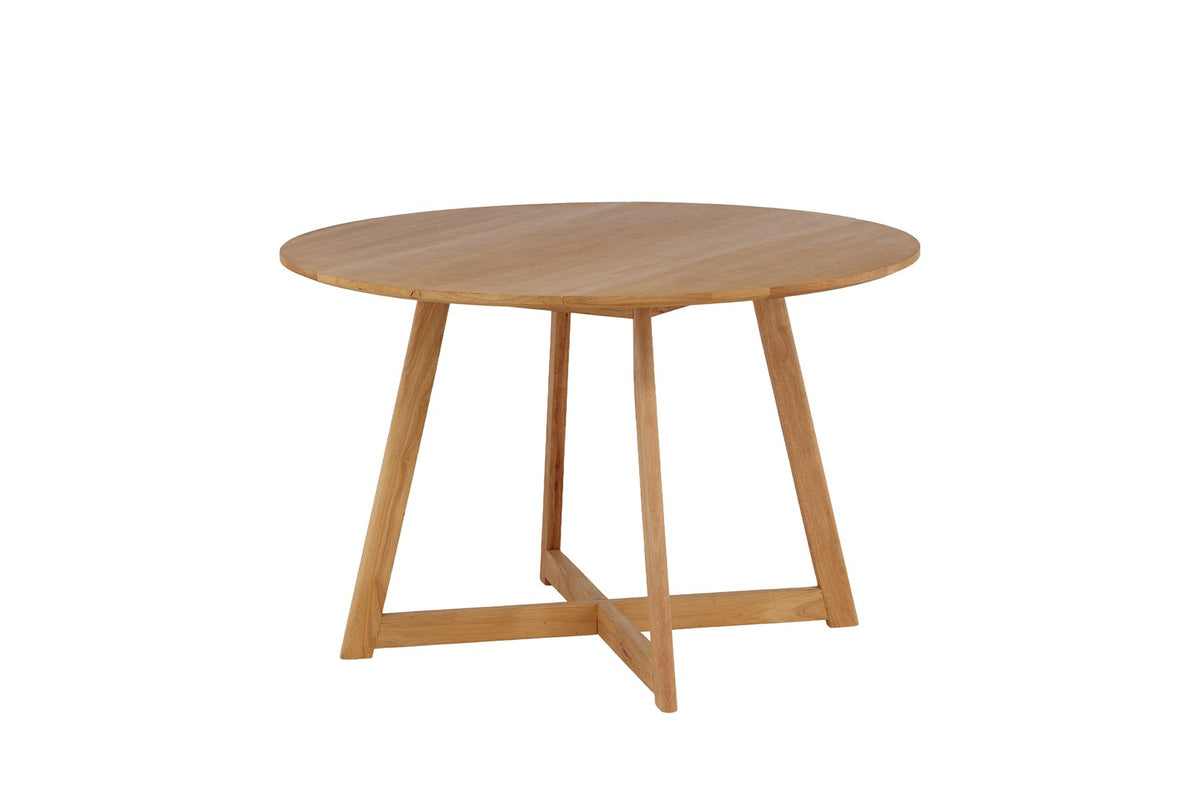 Runder Esstisch Yakidon Ø120 cm mit heller Eichenoptik-Platte aus MDF und Kautschukholz sowie natürlichen Beinen aus Gummibaumholz.