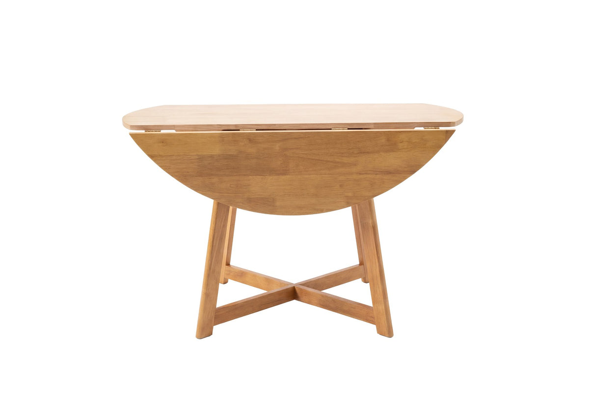 Runder Esstisch Yakidon Ø120 cm mit heller Eichenoptik-Platte aus MDF und Kautschukholz sowie natürlichen Beinen aus Gummibaumholz.
