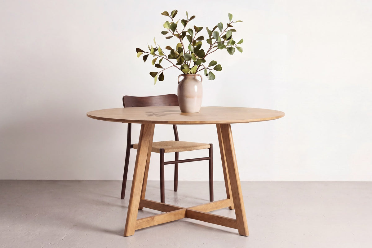 Runder Esstisch Yakidon Ø120 cm mit heller Eichenoptik-Platte aus MDF und Kautschukholz sowie natürlichen Beinen aus Gummibaumholz.