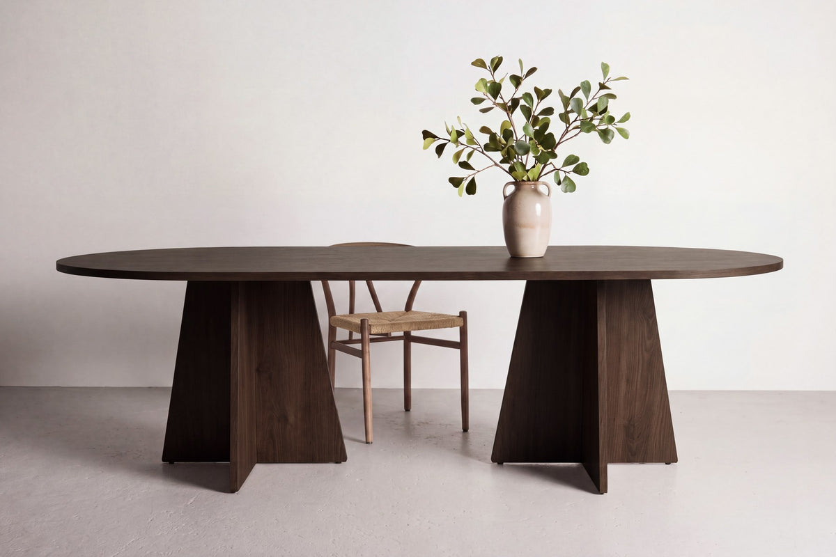 Ovaler Esstisch Bootcut in Mokka-Farbton mit MDF-Tischplatte und furnierten Beinen, Grösse 200x100 cm, Platz für sechs Personen.