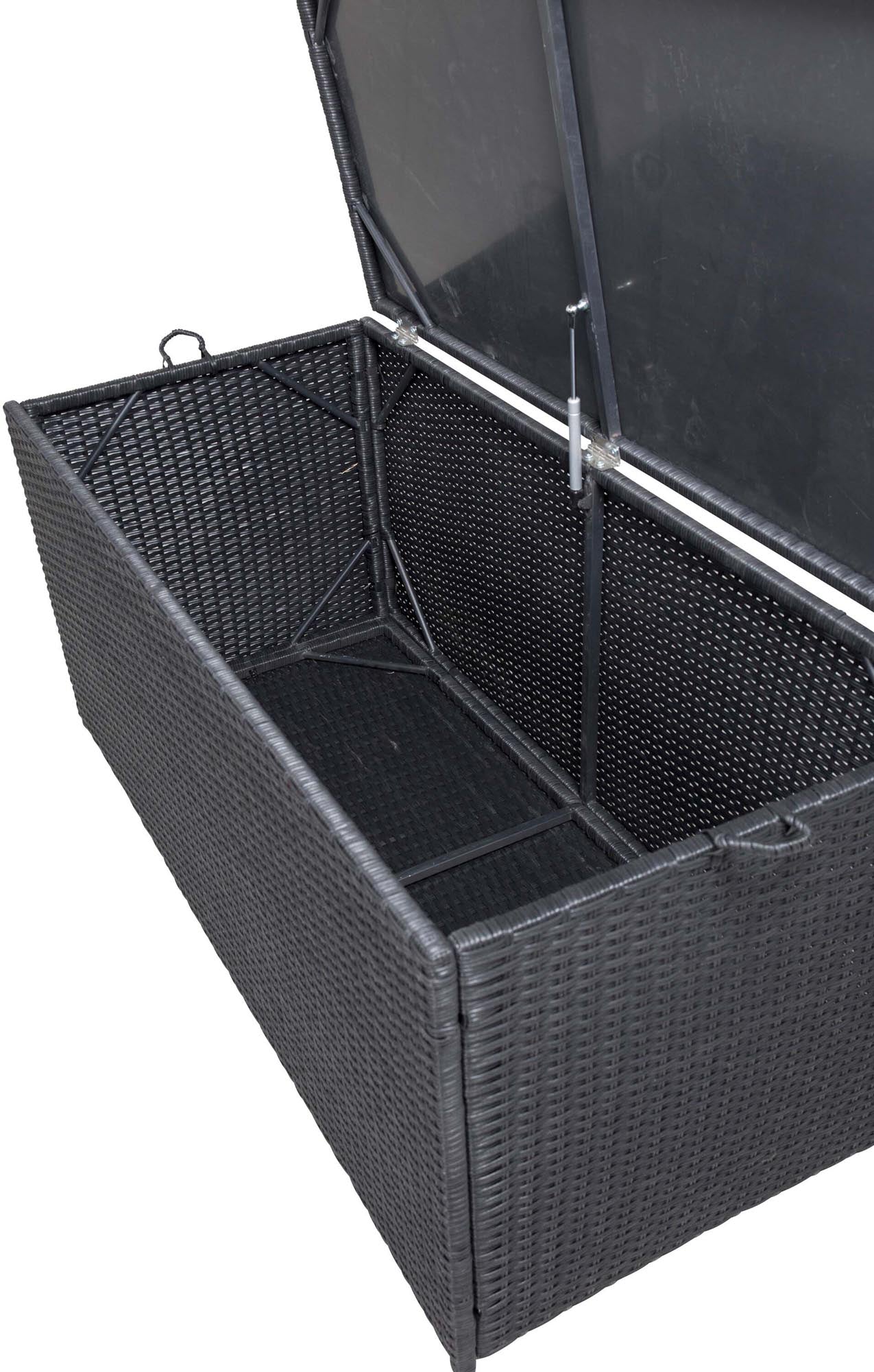 Elegante, wetterfeste Kissenbox aus schwarzem Korbgeflecht für stilvolle Aufbewahrung im Innen- und Aussenbereich.