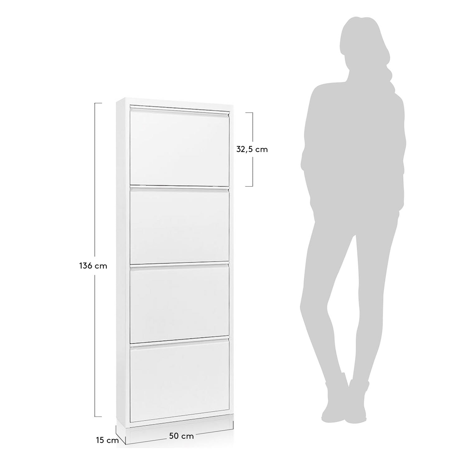 Moderner Schuhschrank in Weiß (50x136 cm) von Kave Home. 4 Türen für optimalen Stauraum, ideal für jeden Eingangsbereich.