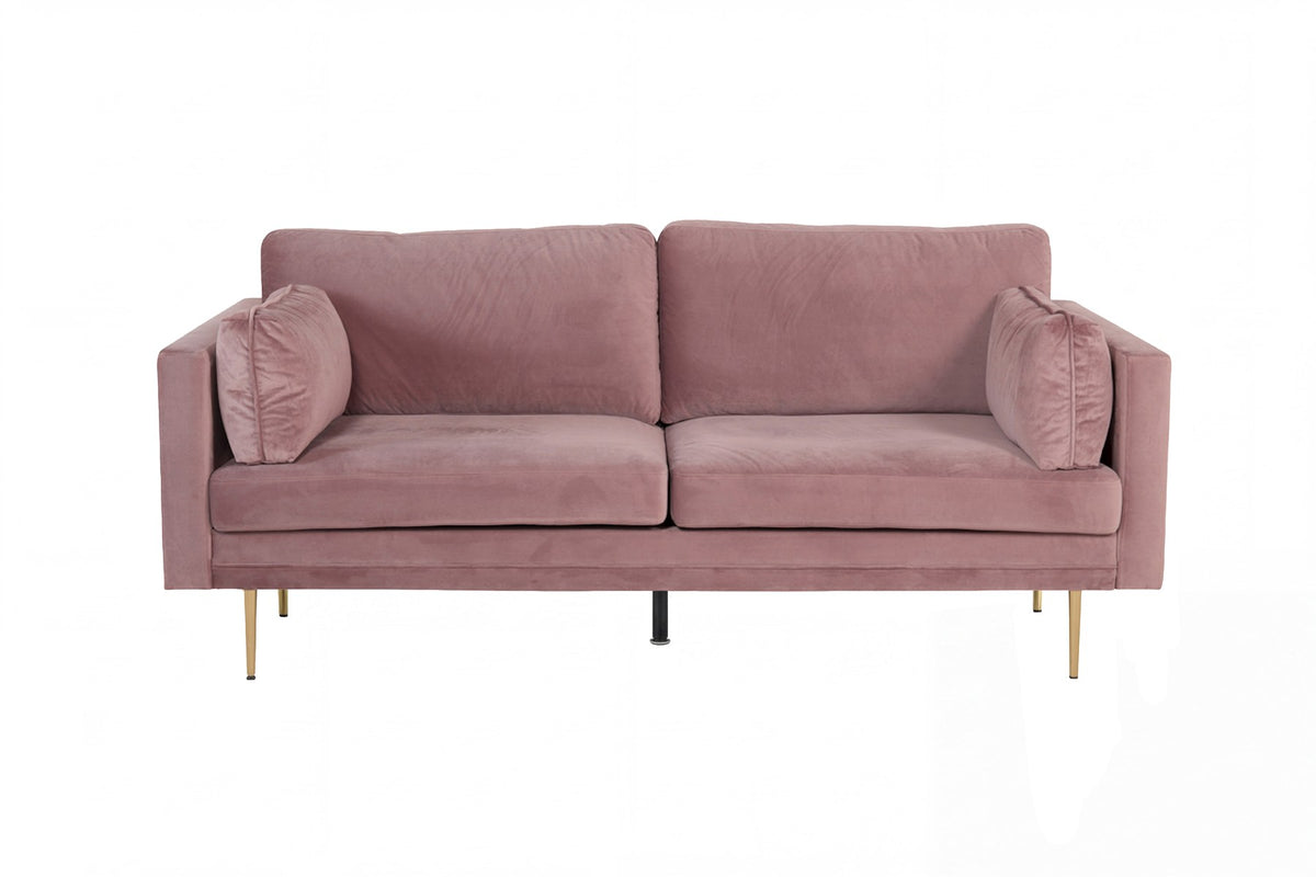 Rosa 3-Sitzer-Sofa aus Polyester-Samt mit hohen Armlehnen und goldenen Metallbeinen, nordisches Design, Modell Boom von Venture Home.
