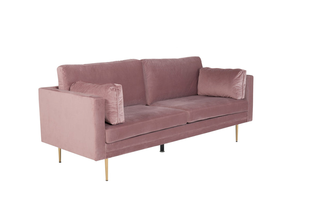 Rosa 3-Sitzer-Sofa aus Polyester-Samt mit hohen Armlehnen und goldenen Metallbeinen, nordisches Design, Modell Boom von Venture Home.