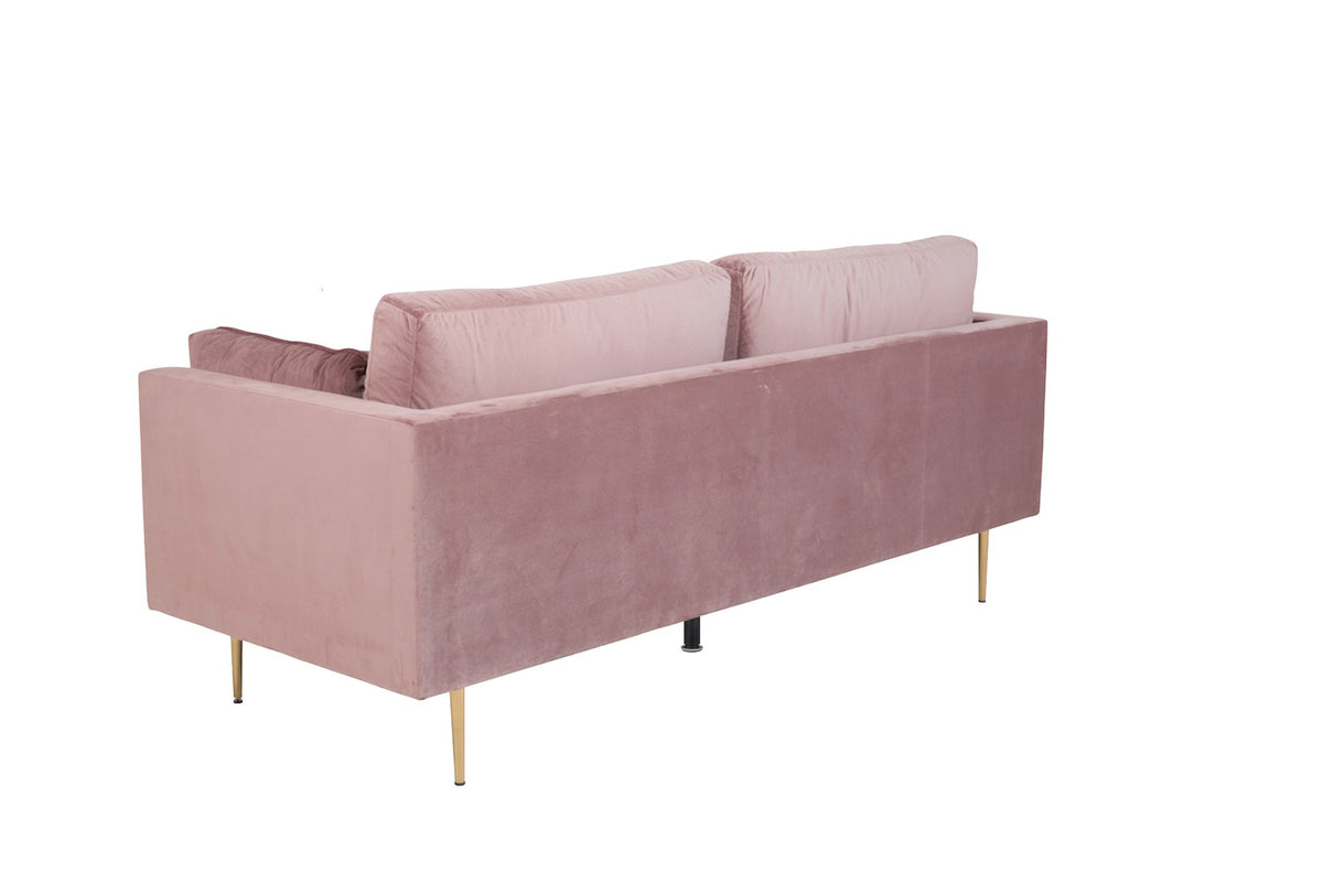 Rosa 3-Sitzer-Sofa aus Polyester-Samt mit hohen Armlehnen und goldenen Metallbeinen, nordisches Design, Modell Boom von Venture Home.