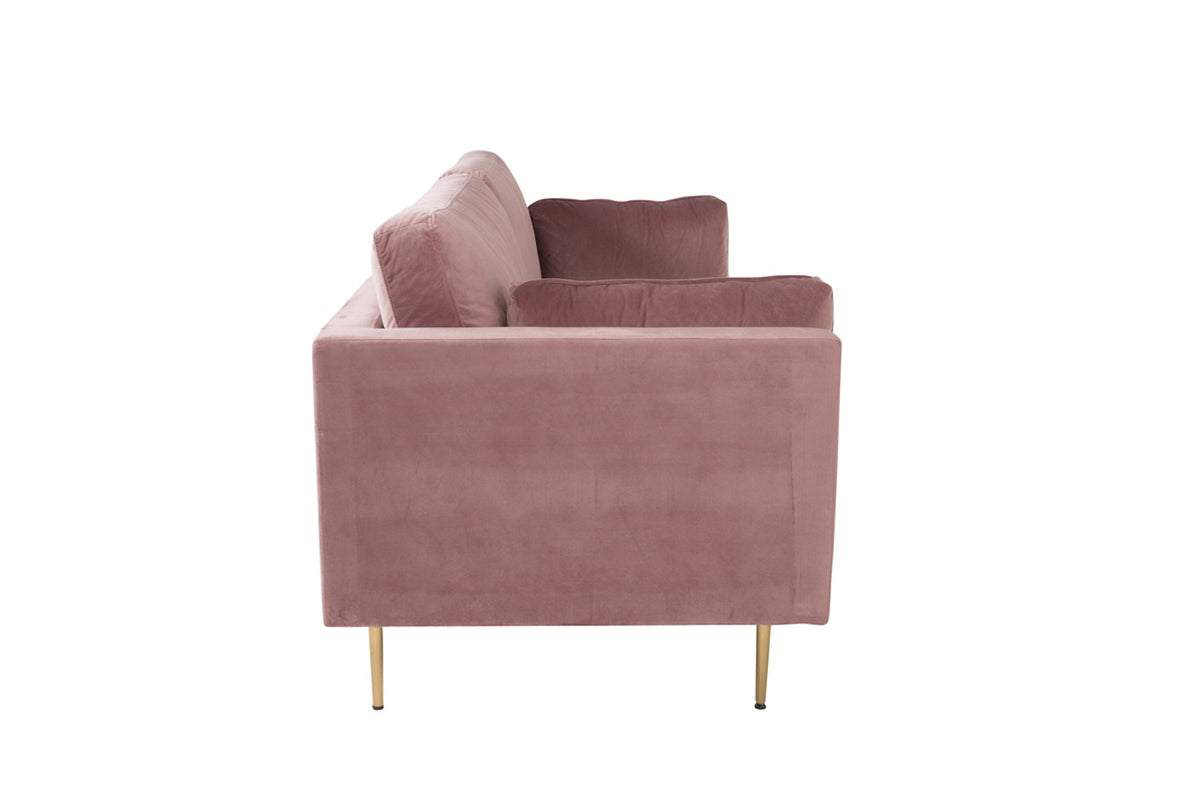 Rosa 3-Sitzer-Sofa aus Polyester-Samt mit hohen Armlehnen und goldenen Metallbeinen, nordisches Design, Modell Boom von Venture Home.