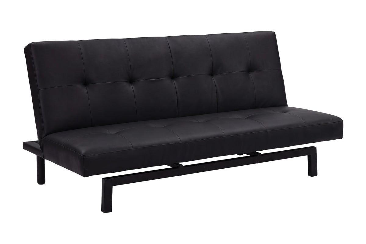 Schwarzes Klappbett Bodil von Venture Home, Bettsofa mit PU-Bezug, Schaumstofffüllung und schwarzen Stahlbeinen im skandinavischen Design.