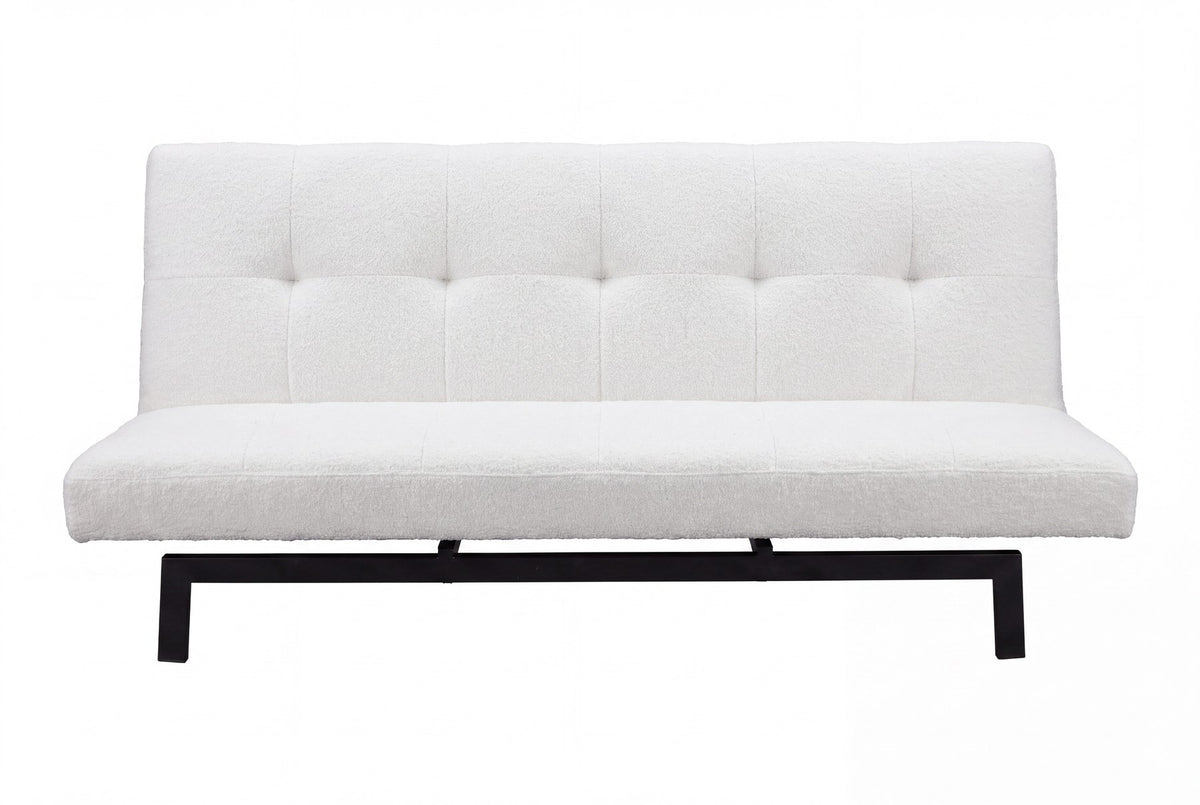 Weisses Klappbett Bodil von Venture Home mit Teddy-Bezug, schwarzen Stahlbeinen und schlichtem Steppmuster als Bettsofa dargestellt.