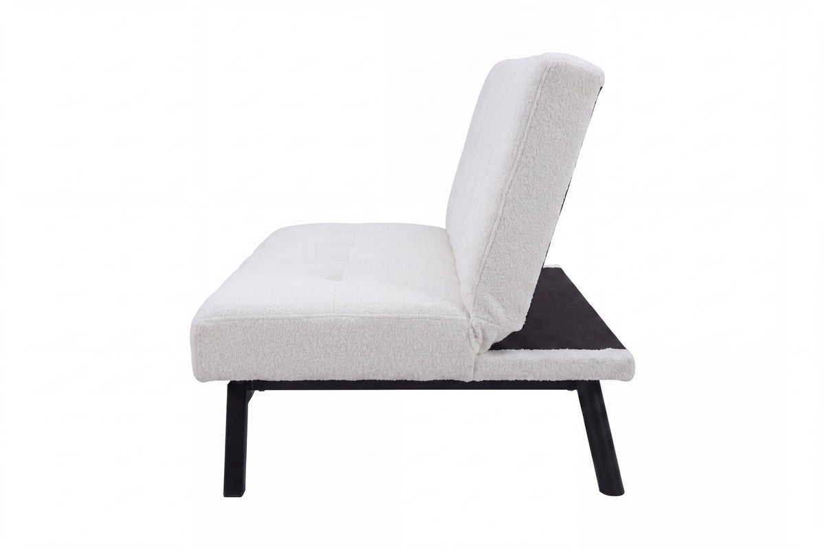 Weisses Klappbett Bodil von Venture Home mit Teddy-Bezug, schwarzen Stahlbeinen und schlichtem Steppmuster als Bettsofa dargestellt.
