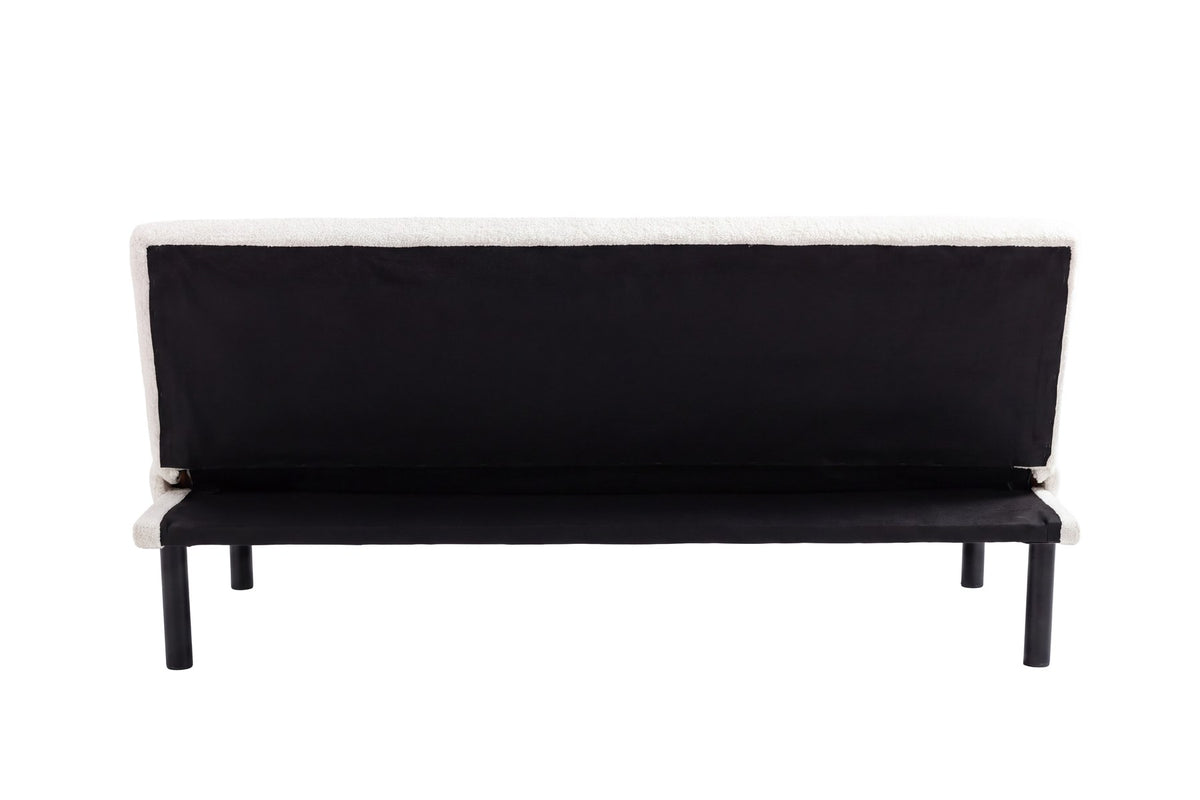 Weisses Klappbett Bodil von Venture Home mit Teddy-Bezug, schwarzen Stahlbeinen und schlichtem Steppmuster als Bettsofa dargestellt.