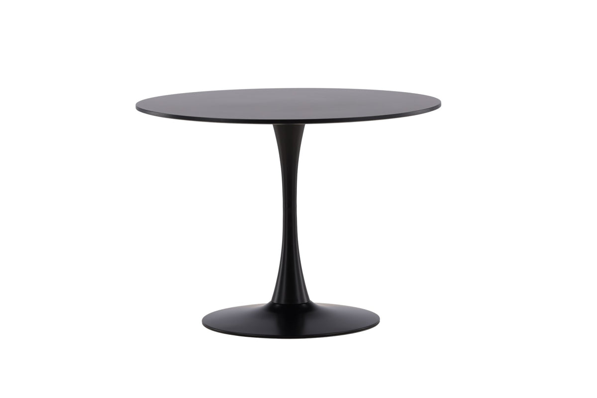 Runder Esstisch Hamden in Schwarz mit hochglänzender MDF-Tischplatte und pulverbeschichteten Stahlbeinen, Durchmesser 110 cm.