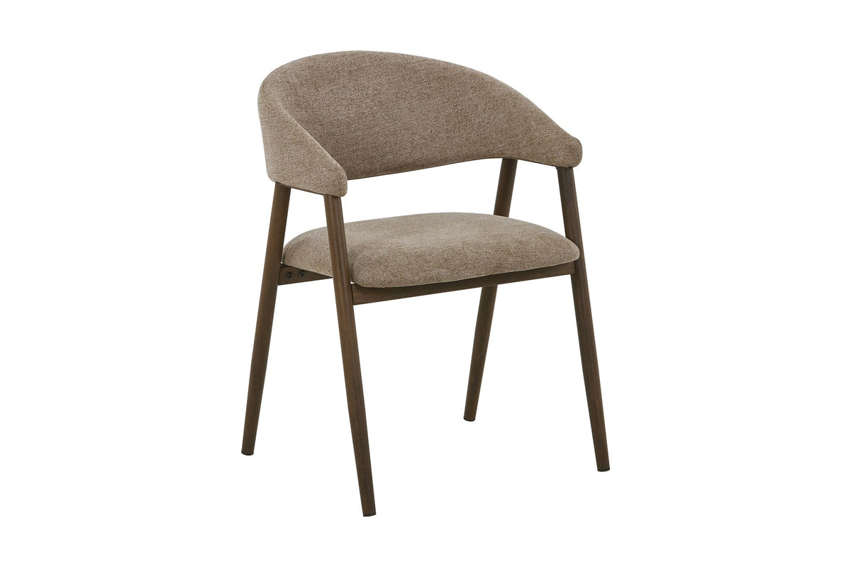 Zwei Esszimmerstühle Paulda in Mokka mit Polyester-Leinen-Bezug, abgerundeter Rückenlehne und Stahlbeinen in Räuchereiche-Holzoptik.