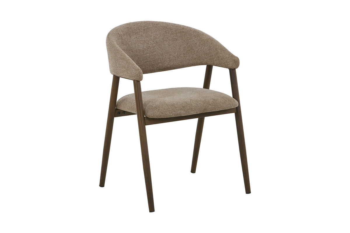 Zwei Esszimmerstühle Paulda in Mokka mit Polyester-Leinen-Bezug, abgerundeter Rückenlehne und Stahlbeinen in Räuchereiche-Holzoptik.