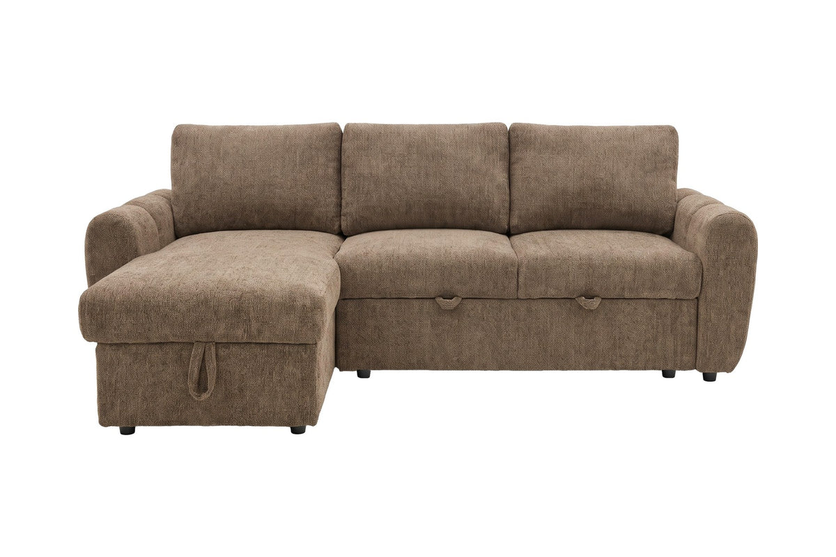 Braunes Bettsofa Teo von Venture Home mit Polyesterbezug, schwarzen Beinen und ausklappbarer Chaiselongue, freistehend im Wohnraum fotografiert.