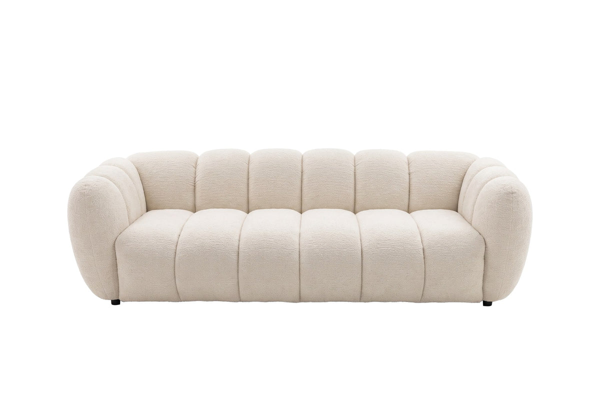 Beiges 3-Sitzer-Sofa Bobo von Venture Home mit Eukalyptus-Polyester-Bezug und schwarzen Gummibaumholz-Beinen, klare gerade Linien.