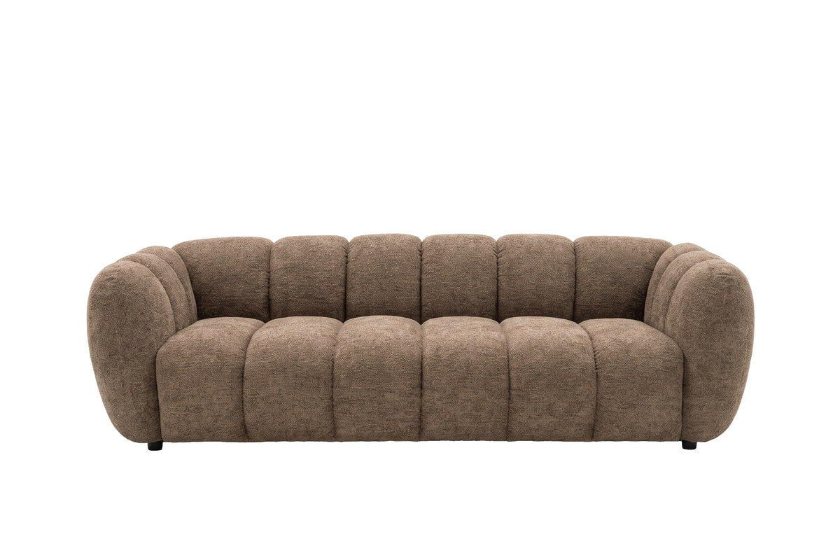 Braunes 3-Sitzer-Sofa Bobo von Venture Home mit Polyester-Bezug, schwarzen Gummibaumholz-Beinen und geraden, klaren Linien.