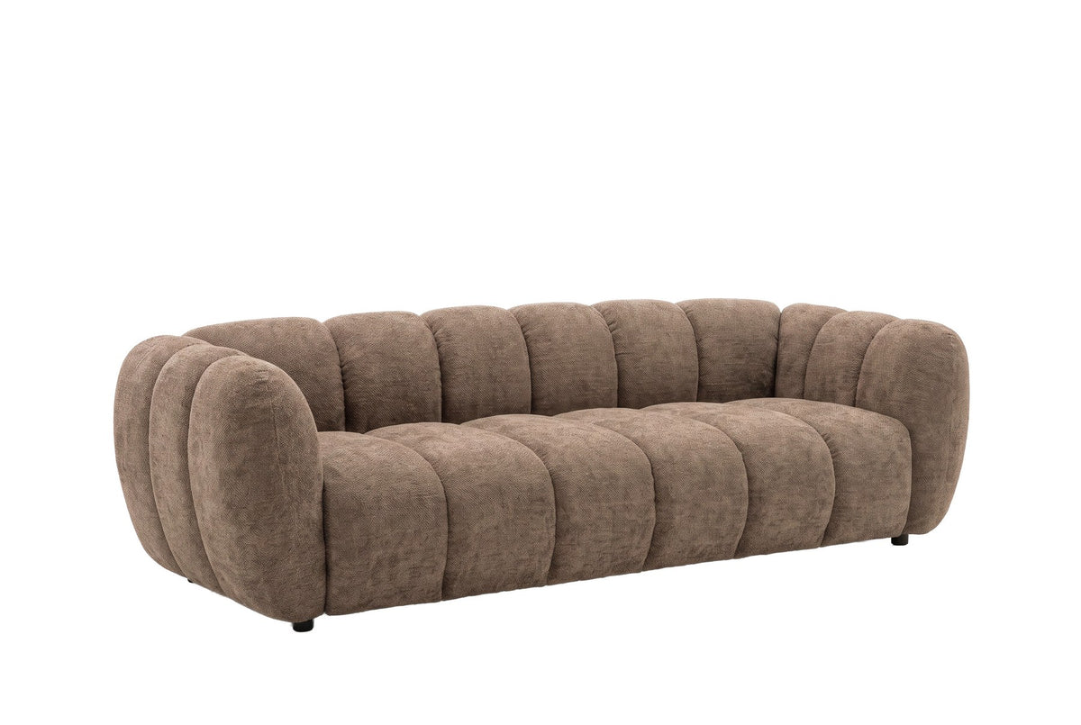 Braunes 3-Sitzer-Sofa Bobo von Venture Home mit Polyester-Bezug, schwarzen Gummibaumholz-Beinen und geraden, klaren Linien.