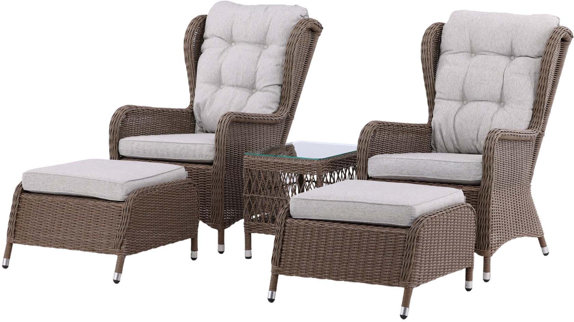 Genießen Sie entspannte Stunden im Freien mit dem Washington Lounge Outdoorset 52cm von Venture Home. Elegante Sessel, praktische Fußhocker und wetterfeste Materialien sorgen für Komfort und Stil.