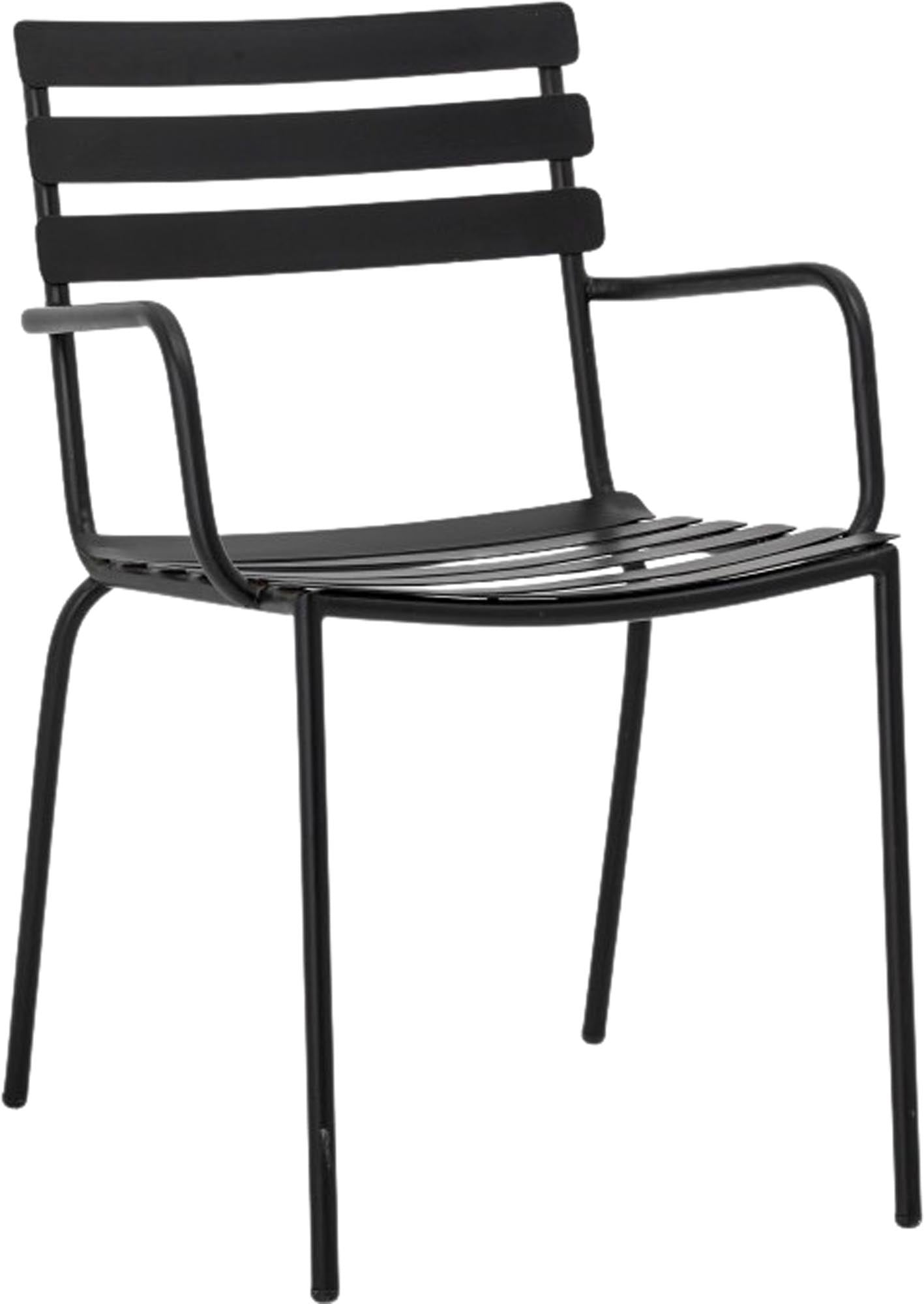 Der Monsi Esszimmerstuhl von Bloomingville aus schwarzem, verzinktem Eisen vereint modernes Design mit langlebiger Eleganz.