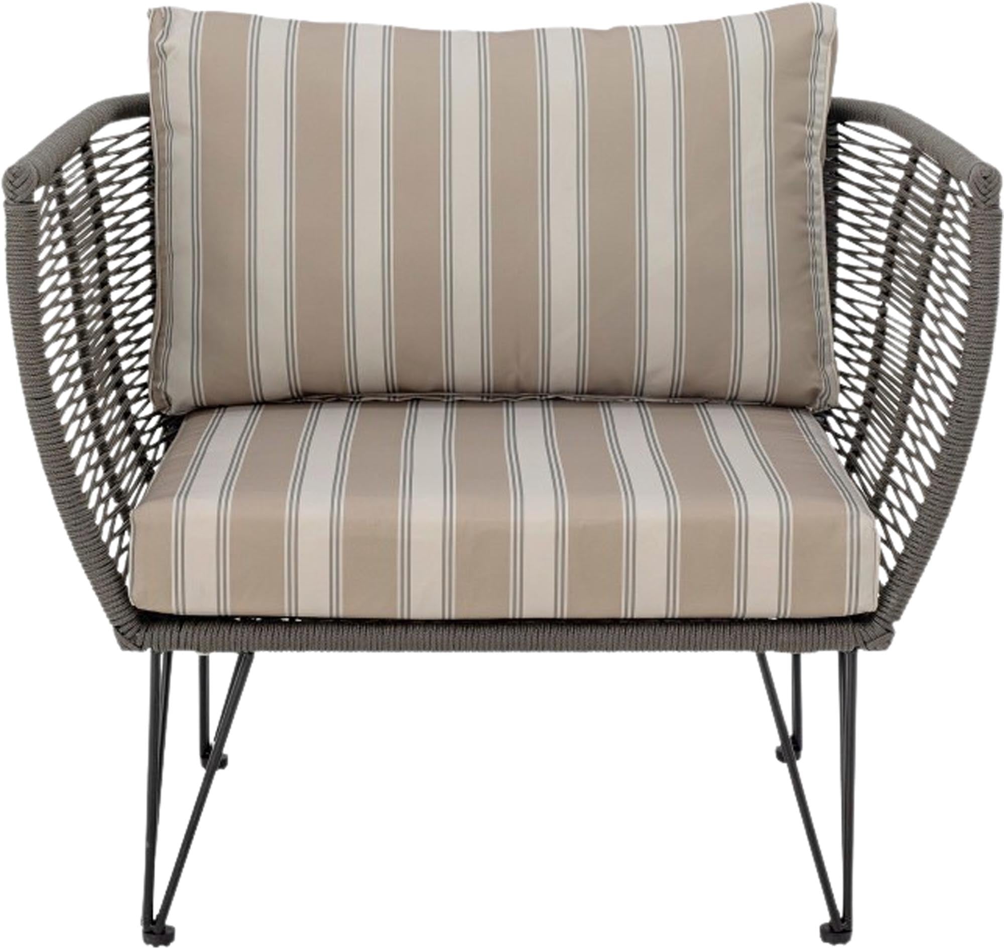 Entdecke den Mundo Loungesessel von Bloomingville in Grün. Robuste Metallkonstruktion, komfortable Sitzfläche und pflegeleichte Kissenbezüge für deinen Outdoor-Bereich.