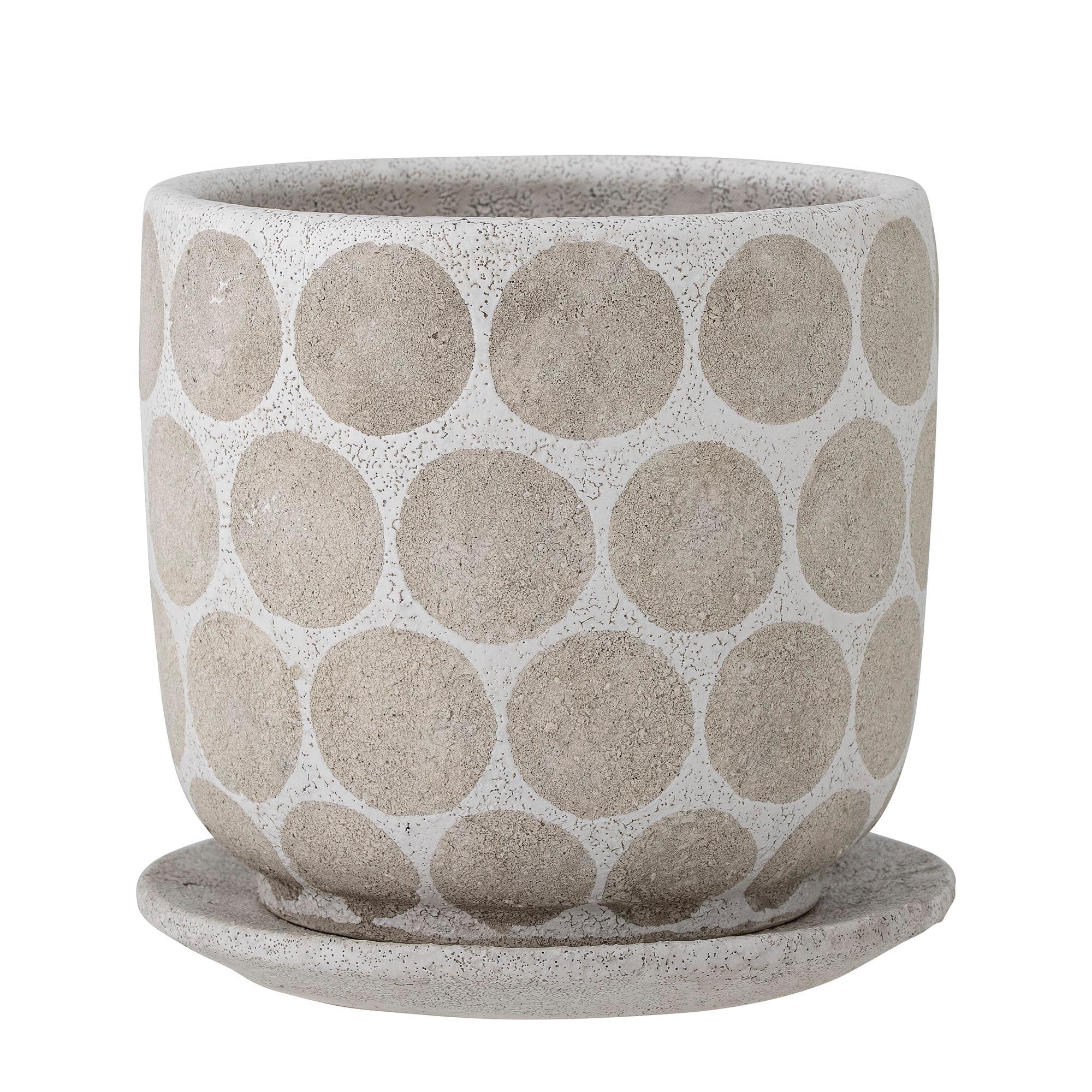 Eleganter weisser Terrakotta-Blumentopf mit Pünktchenmuster und Untertasse, ideal für stilvolle Pflanzenpräsentation.