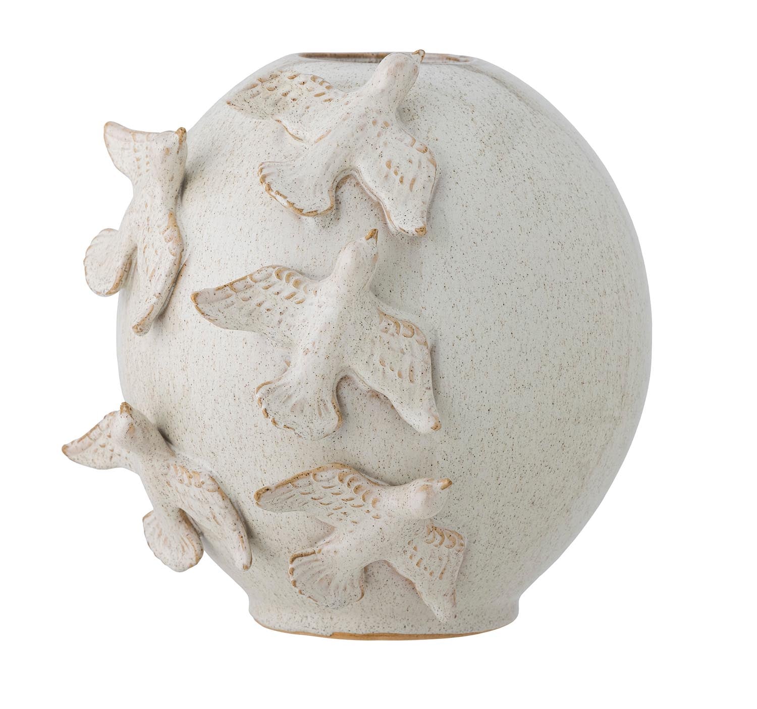 Die handgefertigte Abira Vase aus Steingut vereint Eleganz und Natürlichkeit mit kunstvollen Vogelverzierungen, ideal für jeden Wohnstil.