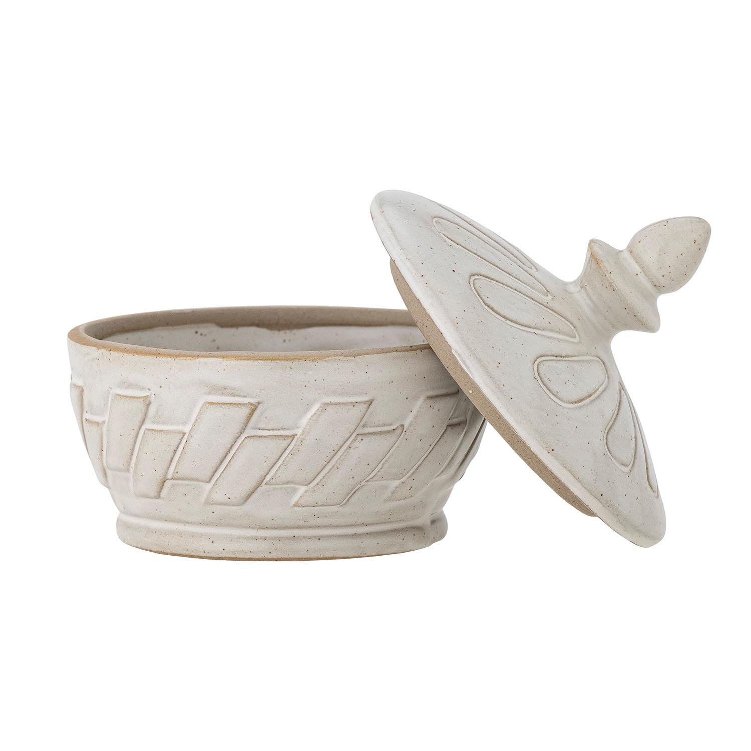 Ein stilvolles Steingut-Gefäss mit Deckel, ideal für Aufbewahrung und Dekor, im natürlichen skandinavischen Design.