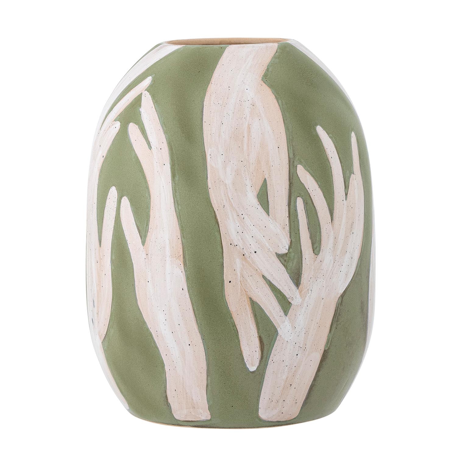 Die Adalena Deko-Vase von Bloomingville, aus grünem Steingut, vereint künstlerisches Design mit Funktionalität und skandinavischem Flair.