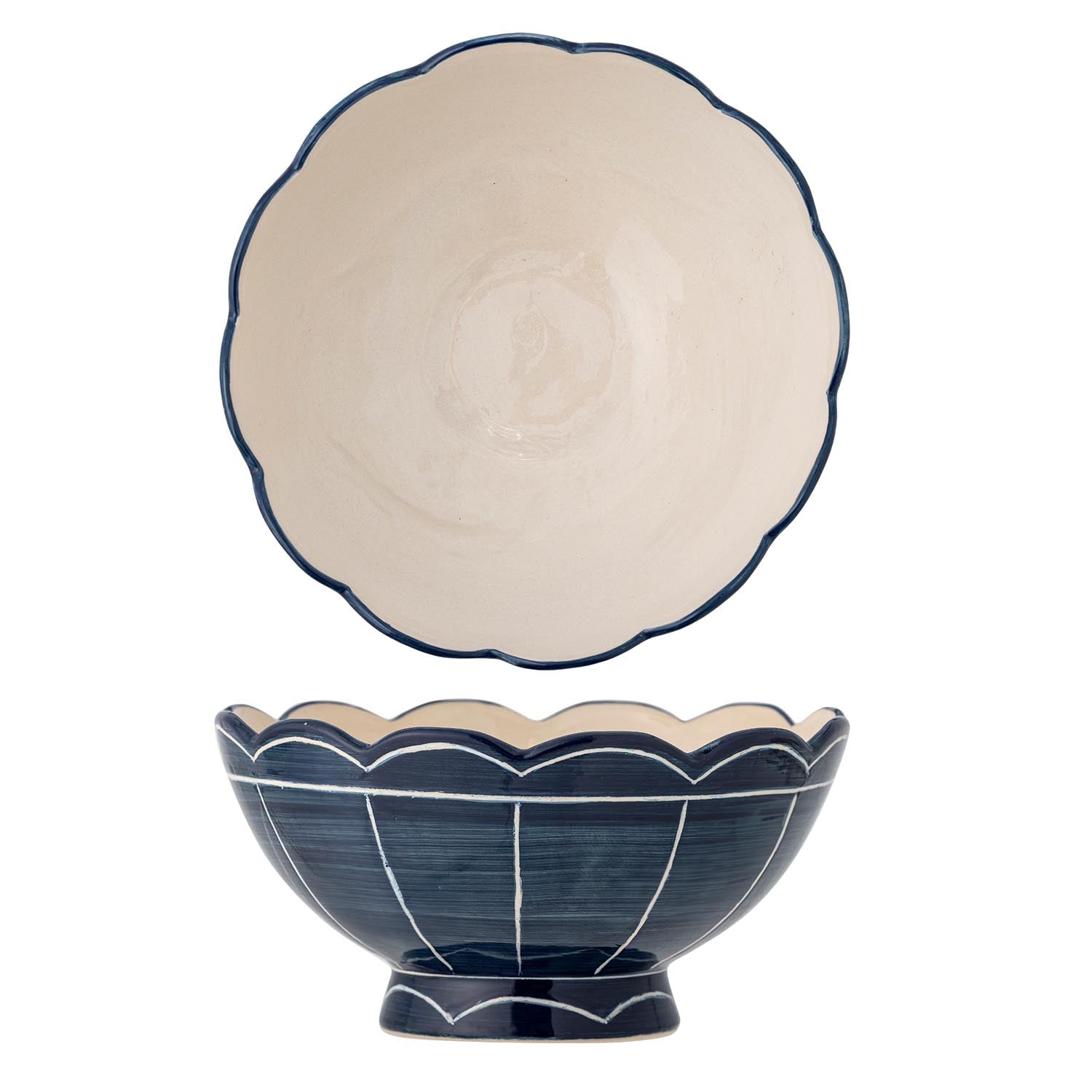 Elegante Caliam Schale aus Steingut, blau mit weissen Streifen, handbemalt, spülmaschinen- und mikrowellengeeignet.