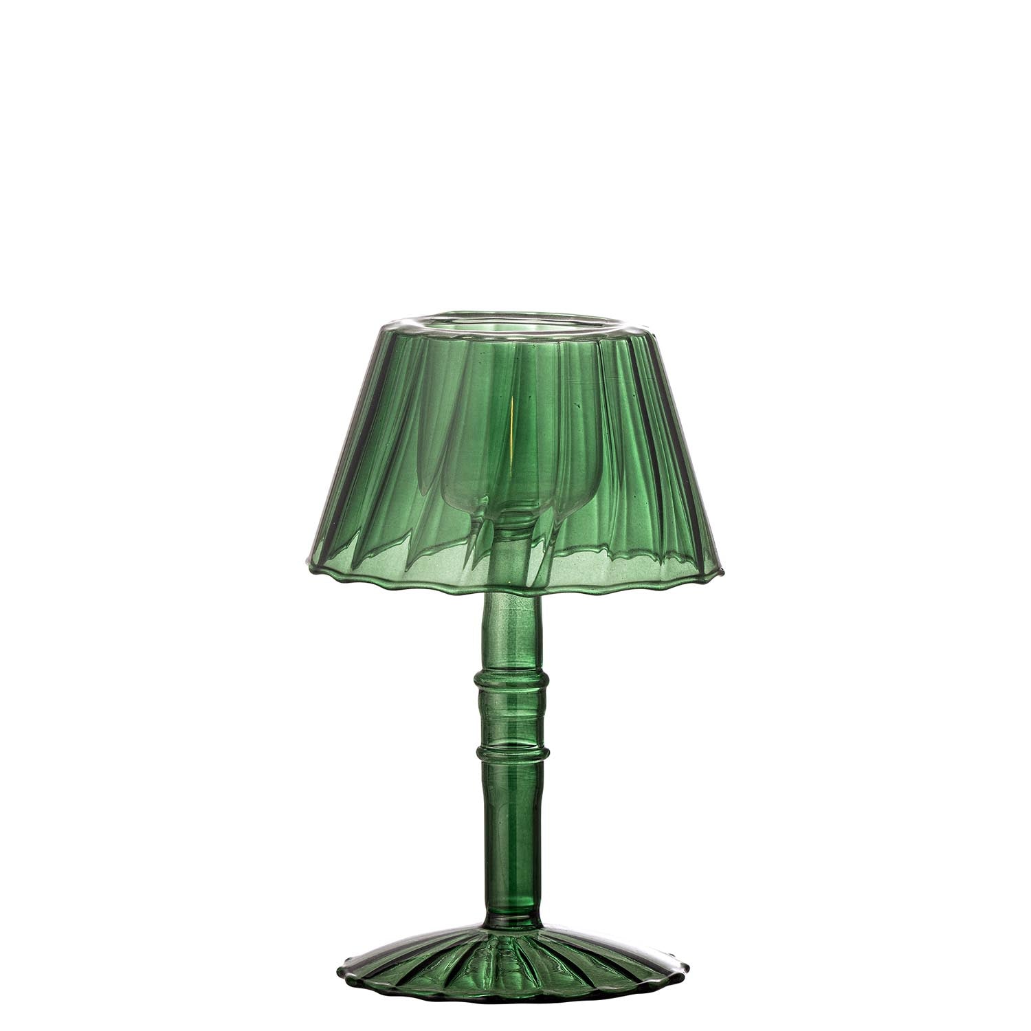 Eleganter Teelichthalter aus grünem Glas von Bloomingville, ideal für stimmungsvolle Beleuchtung und stilvolle Dekoration.