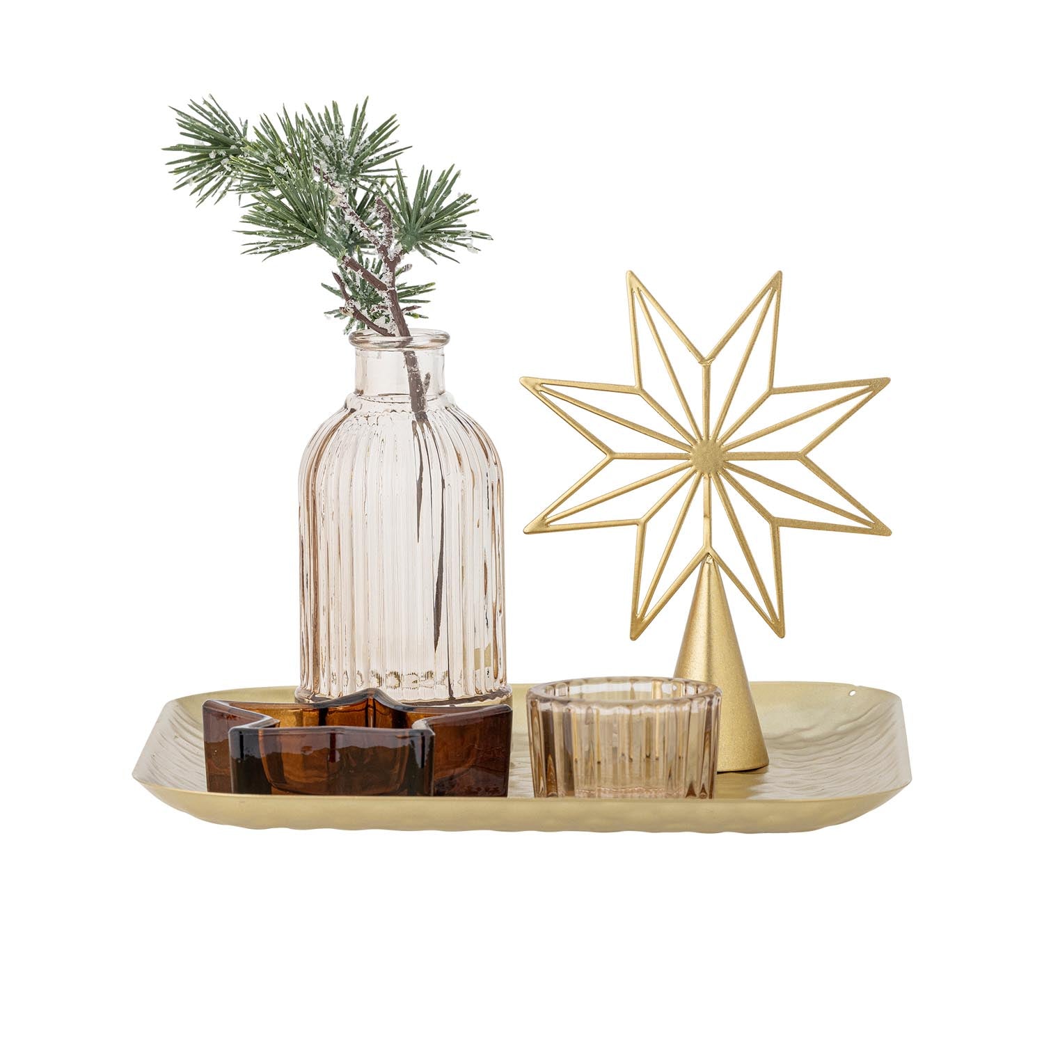 Das Sanga Tablett von Bloomingville besticht durch goldene Eleganz und Glas-Teelichthalter, ideal für stilvolle Dekorationen.