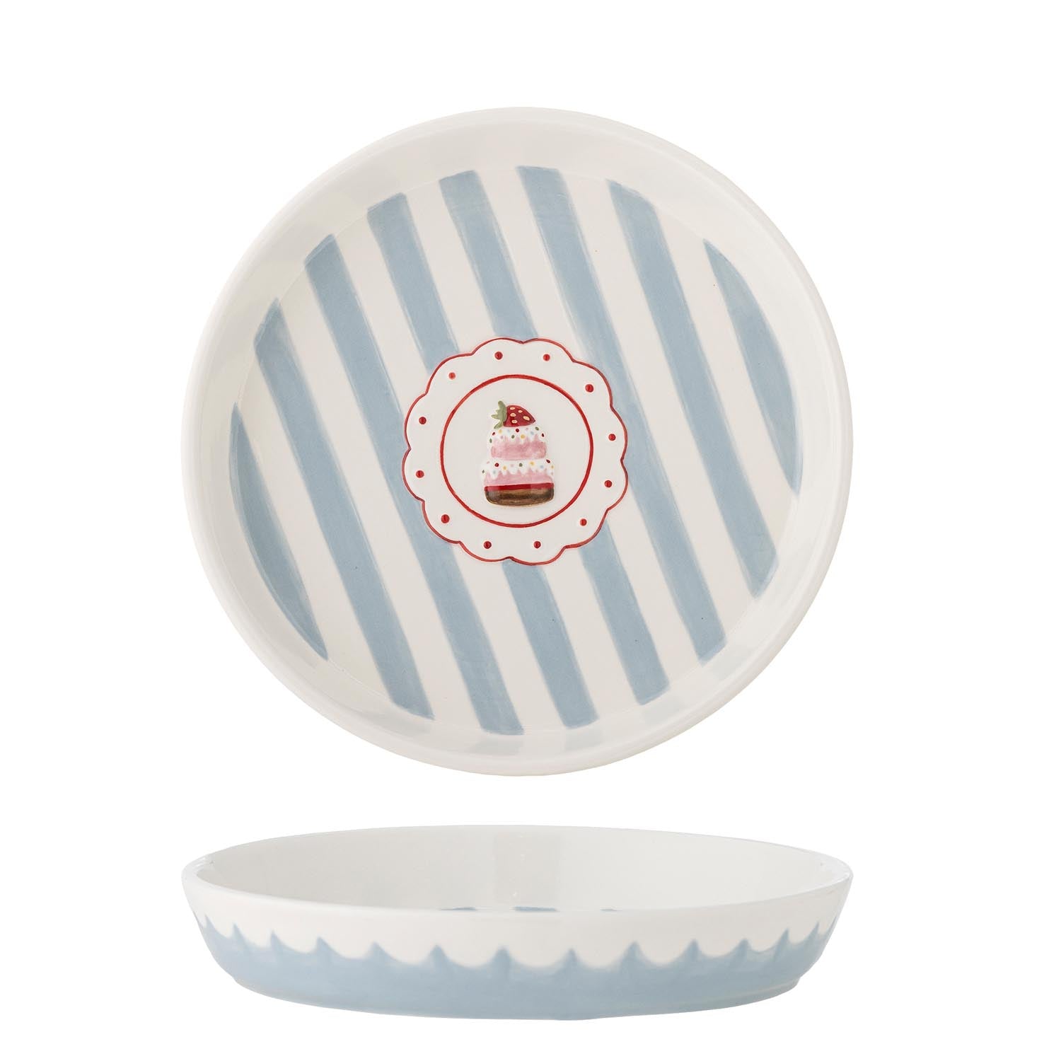 Lively Servierplatte von Bloomingville: Elegantes, blaues Steingut mit gestreiftem Design und Kuchenmotiv. Ideal für Kuchen und Deko.