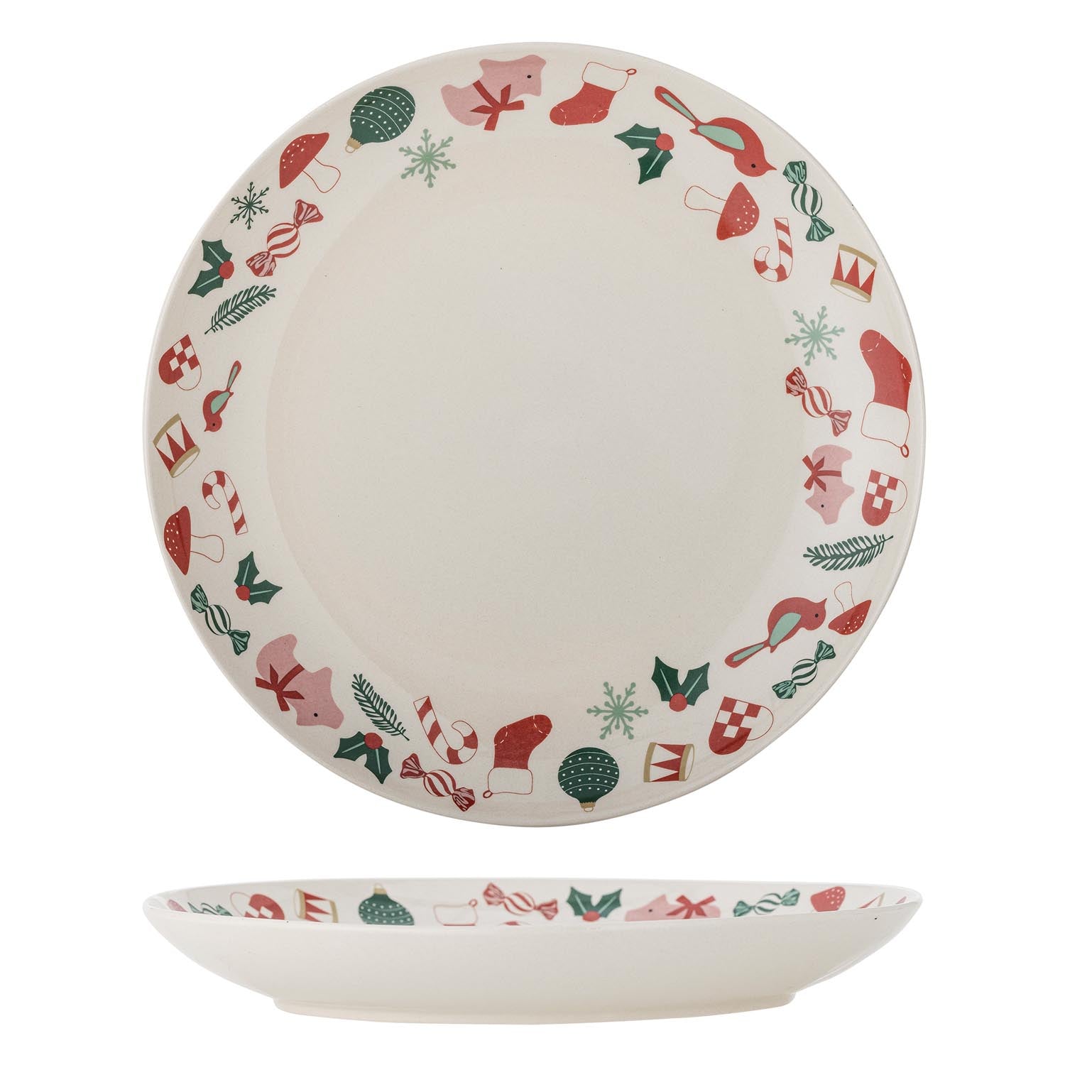 Yule Servierplatte: Robustes Steingut, ovale Form, roter Rand, festliche Motive. Perfekt für Weihnachten, spülmaschinenfest.