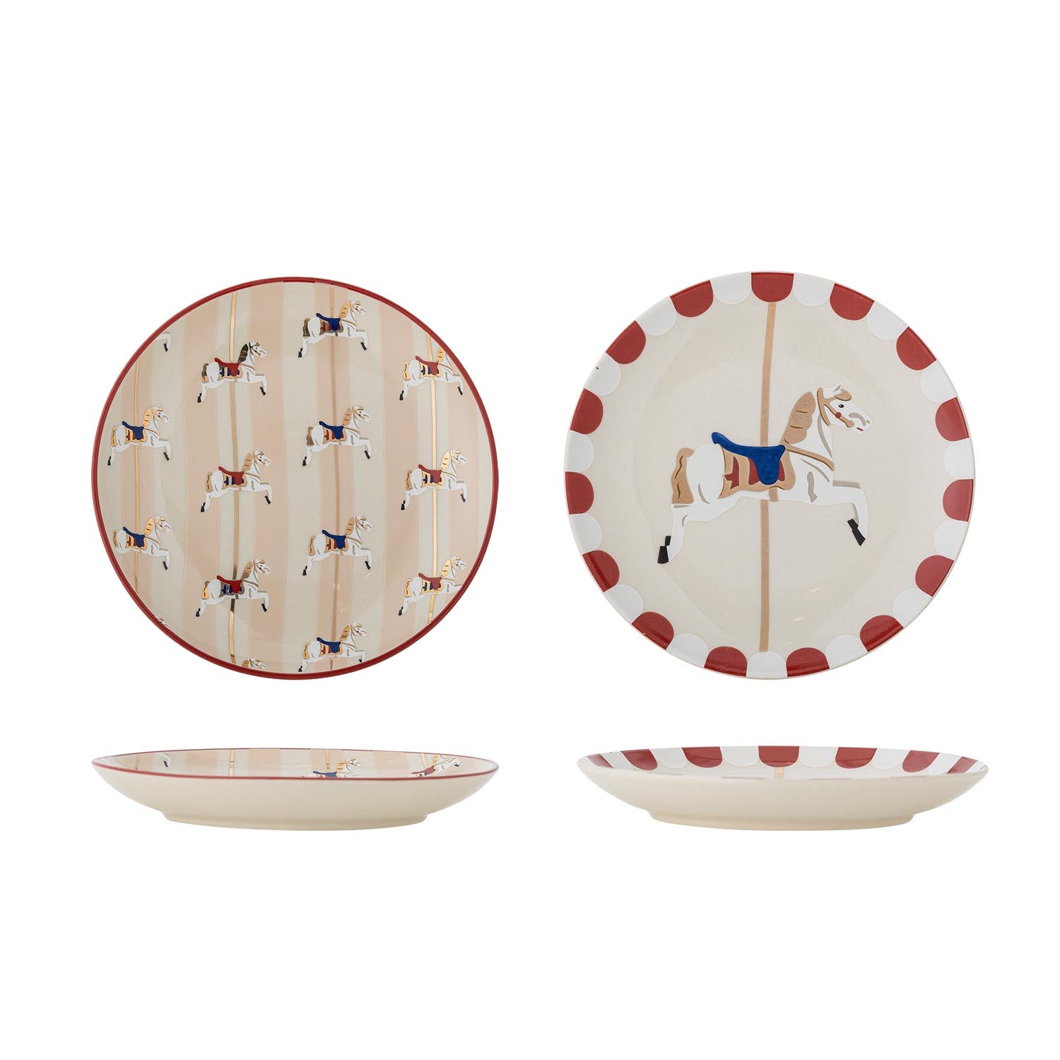 Merry-go-round Teller von Bloomingville: Rote Steingut-Dessertteller mit handbemaltem Karussellmuster, spülmaschinenfest, ideal für festliche Anlässe.