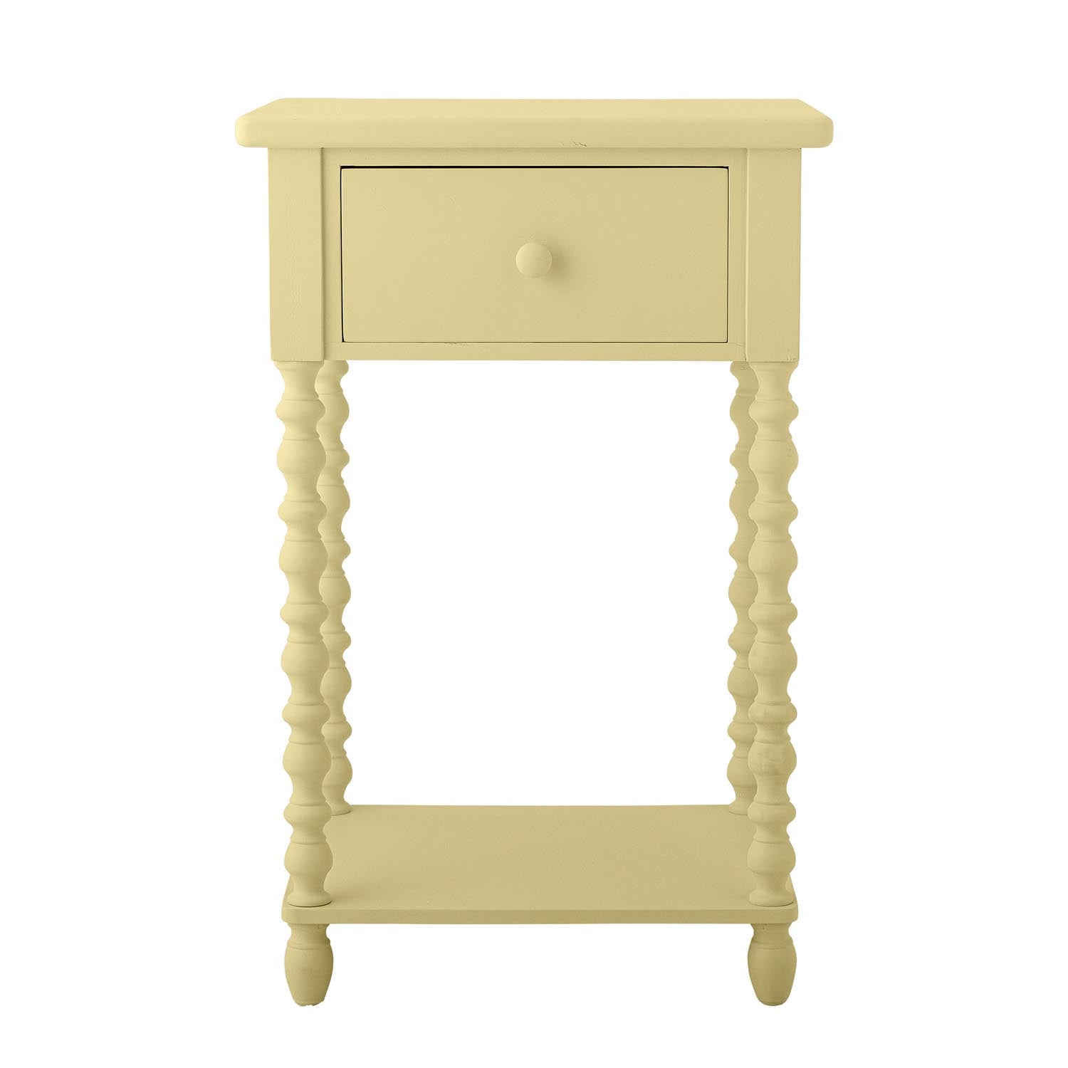 Salino Beistelltisch von Bloomingville: Elegantes Kiefernholz in sanftem Pastellgelb, mit Schublade, ideal für jeden Raum.
