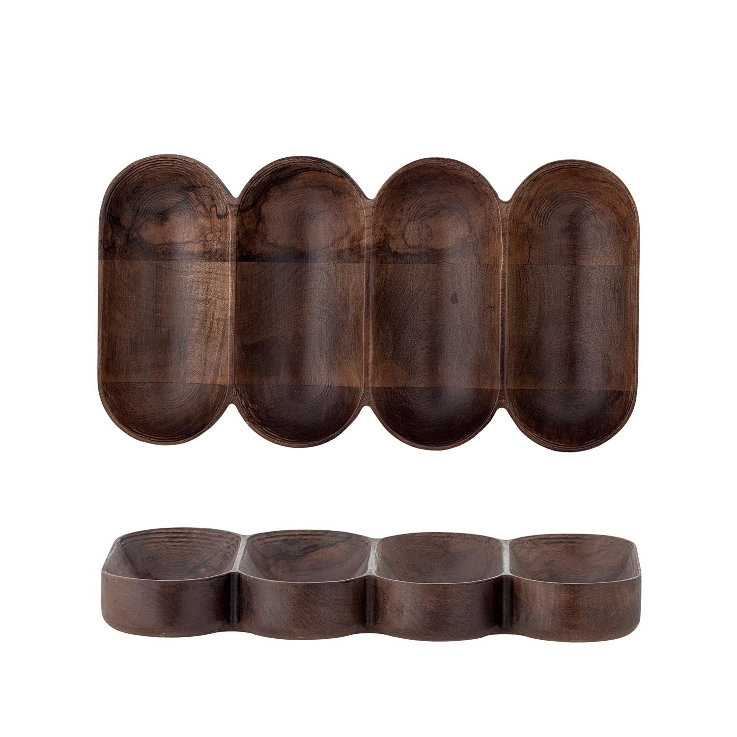 Elegantes Maluna Serviertablett aus robustem Mangoholz, ideal für stilvolles Servieren von Speisen. Rustikale Eleganz trifft Funktionalität.