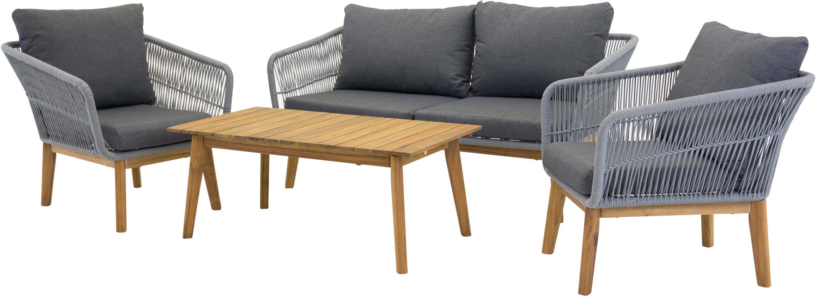 Chania Sofa Outdoorset 110cm: Elegantes und komfortables Loungeset aus Aluminium und Akazienholz, ideal für entspannte Stunden im Freien.