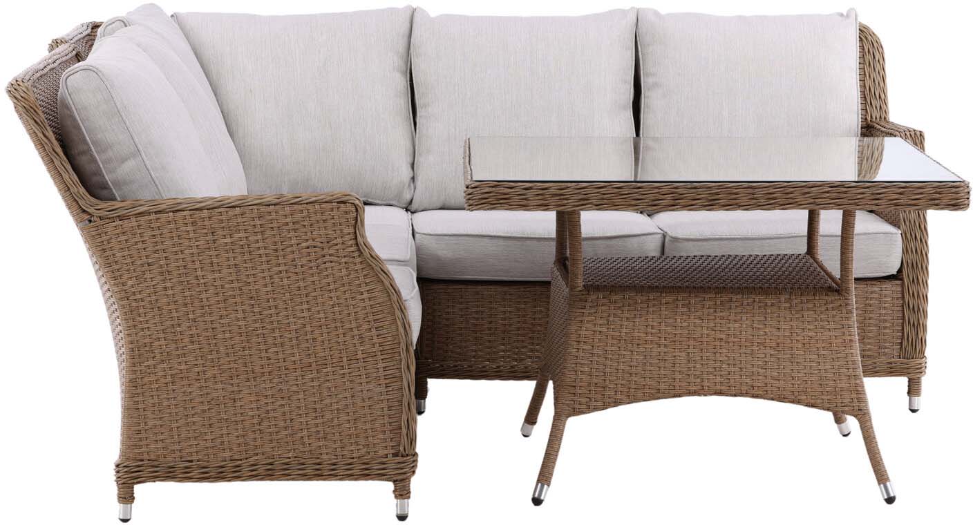 Vikelund Ecksofa Outdoorset: Stilvolles Loungeset für bis zu vier Personen, wetterfest und pflegeleicht – ideal für entspannte Stunden im Freien.
