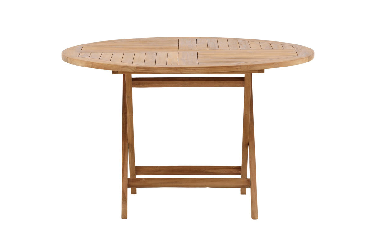 Runder Gartentisch Kenya aus Teakholz in Natur, Ø 120 cm, klappbare Tischplatte, auf Terrasse im Aussenbereich platziert.